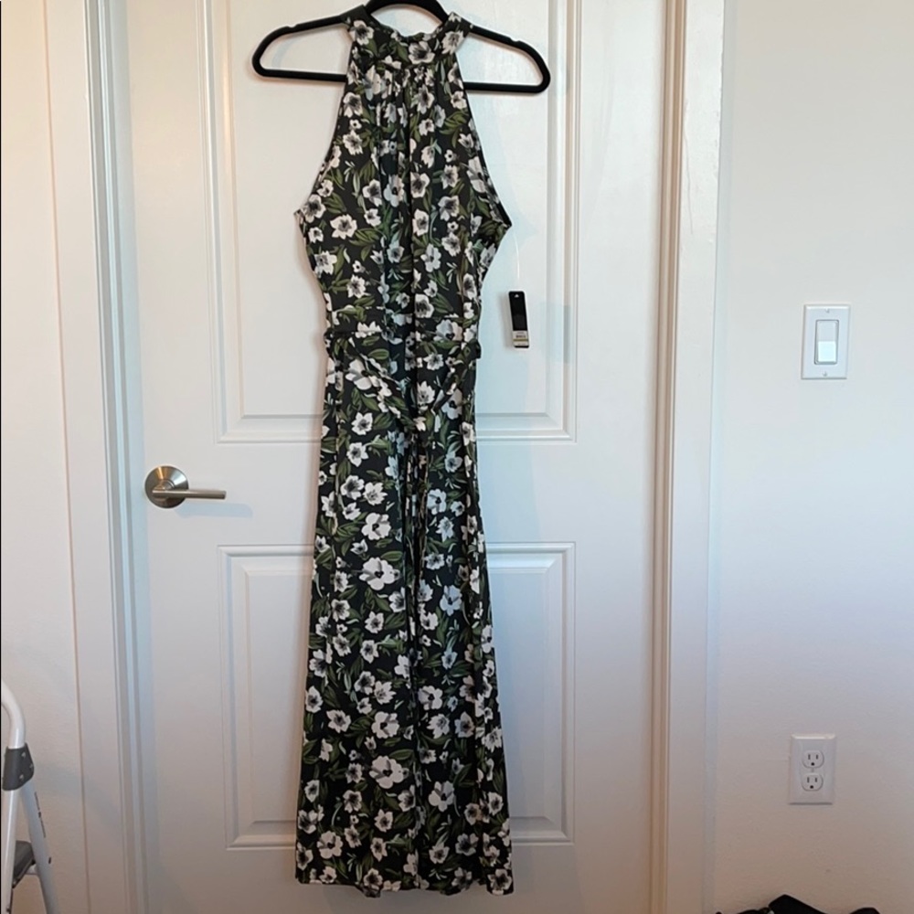 Bebe Satin Halter Floral Midi Dress